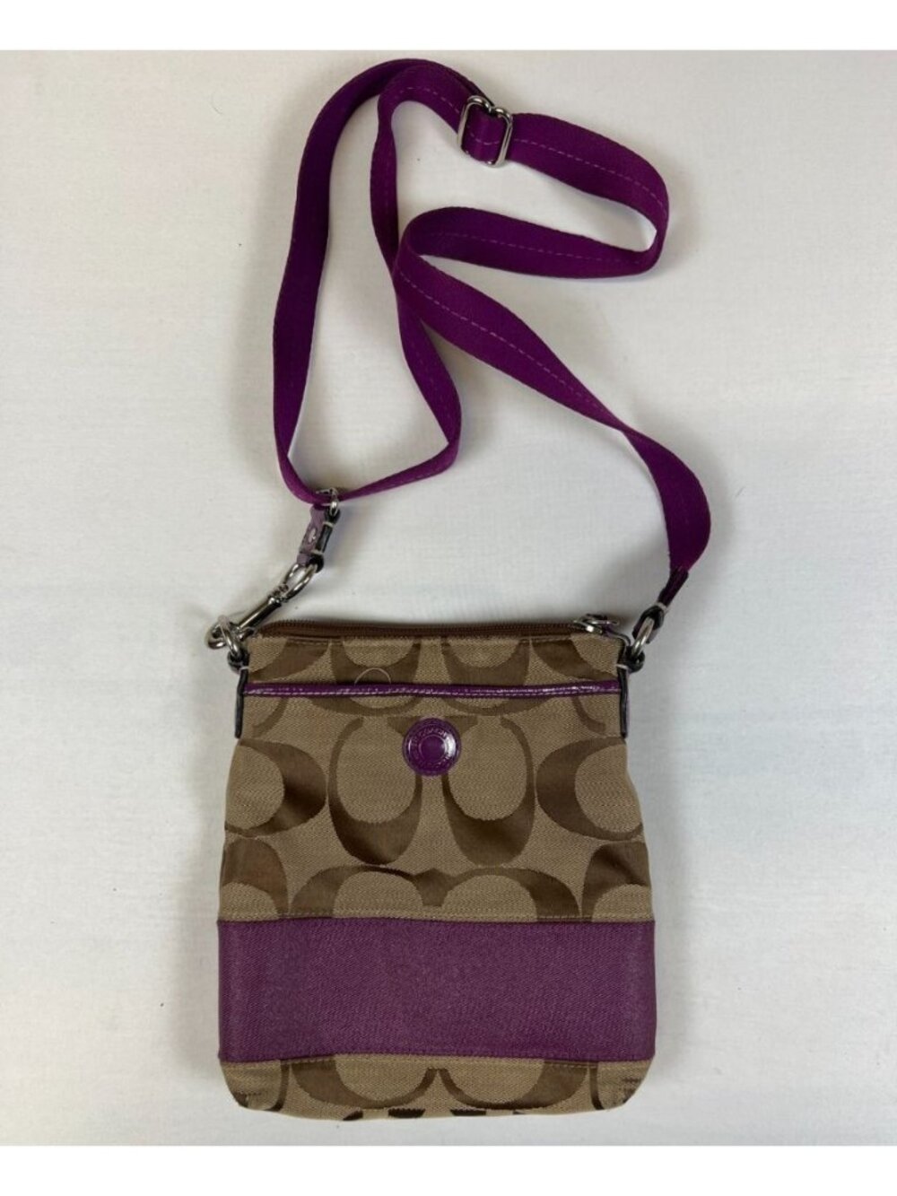 Coach Signature Crossbody Bag Tan Canvas Purple Stripe Adjustable Strap Logo